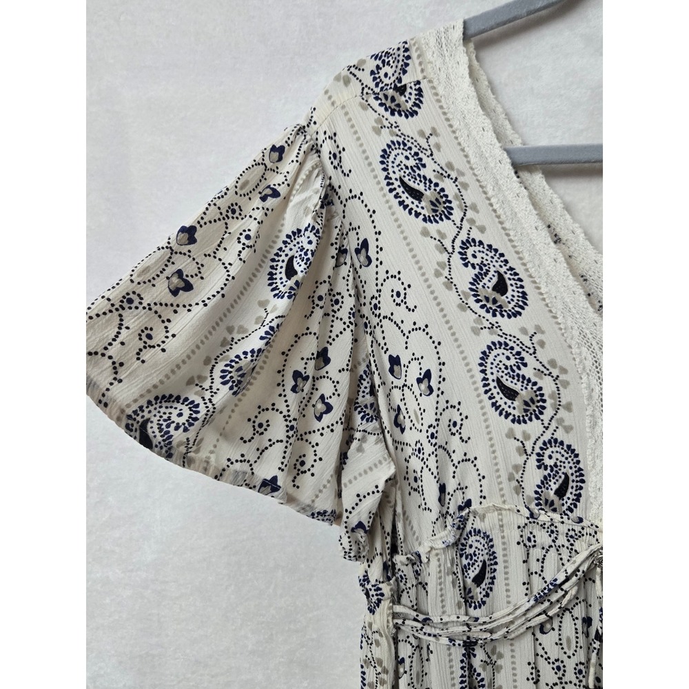 Angie Midi Dress Large Cream Navy Paisley Crochet Lace Trim Tiered Boho Peasant - Picture 7 of 10